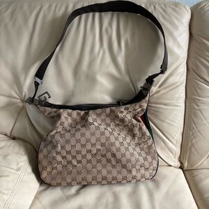 VTG GUCCI Attache Bag Hobo GG Canvas Brown Leather Trim Sherry Red Green Stripe